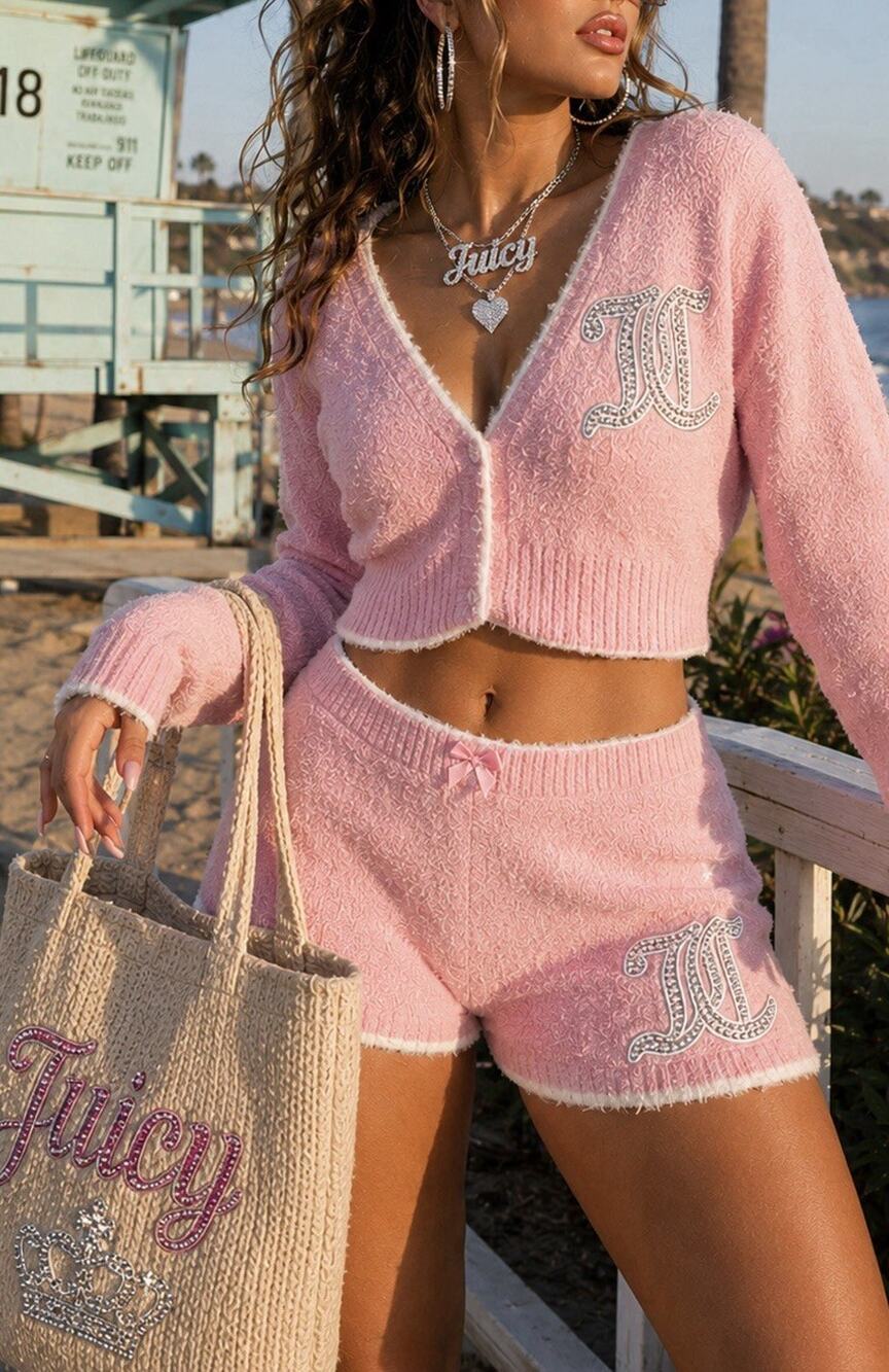 Juicy Couture Cropped Top Shorts Gift Set XL Pink Velour Rhinestone Logo 2pc NEW